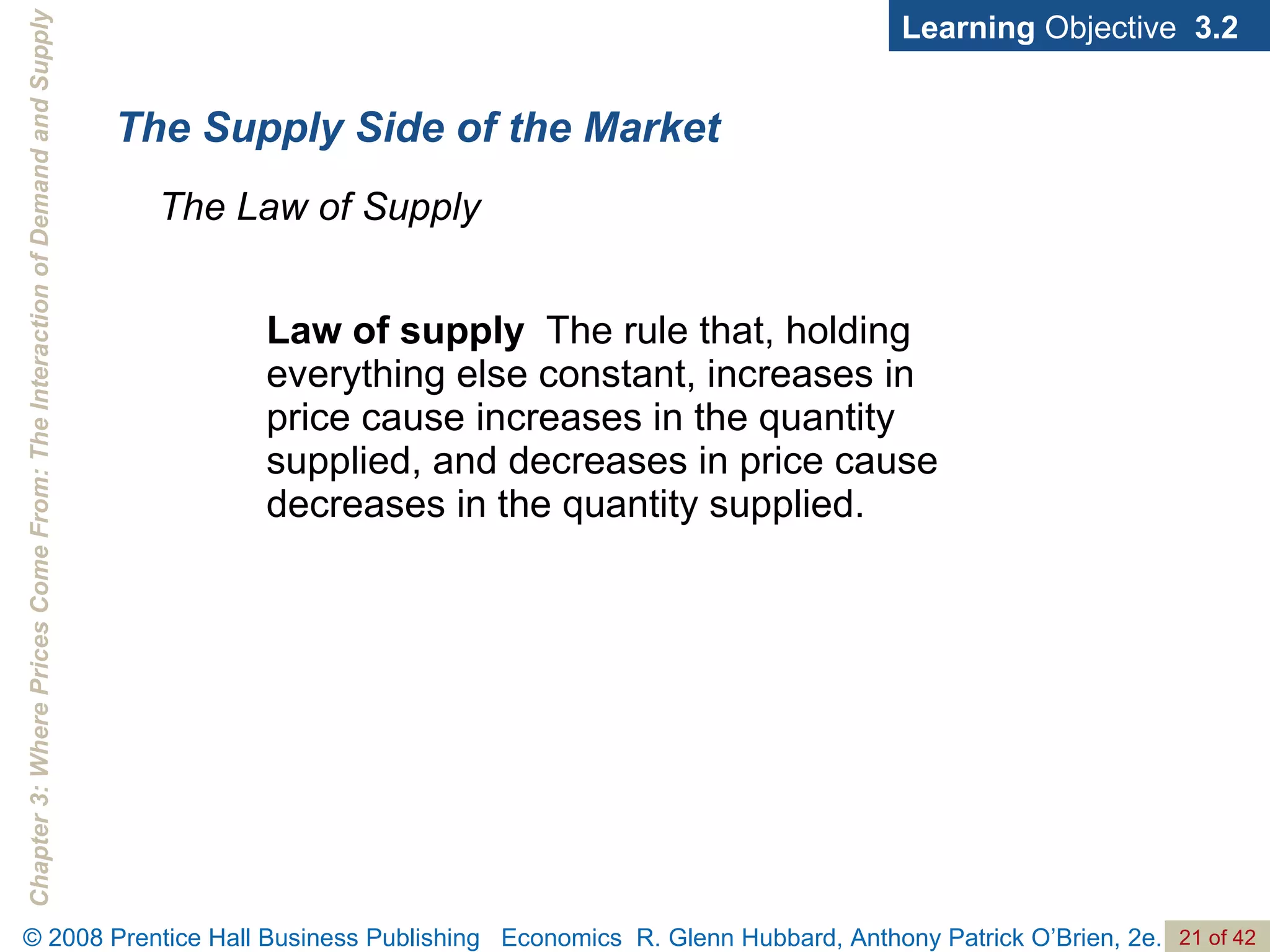 The Supply Side of the Market Law of supply   The rule that, holding everything else constant, increases in price cause increases in the quantity supplied, and decreases in price cause decreases in the quantity supplied.  Learning  Objective  3.2 The Law of Supply 