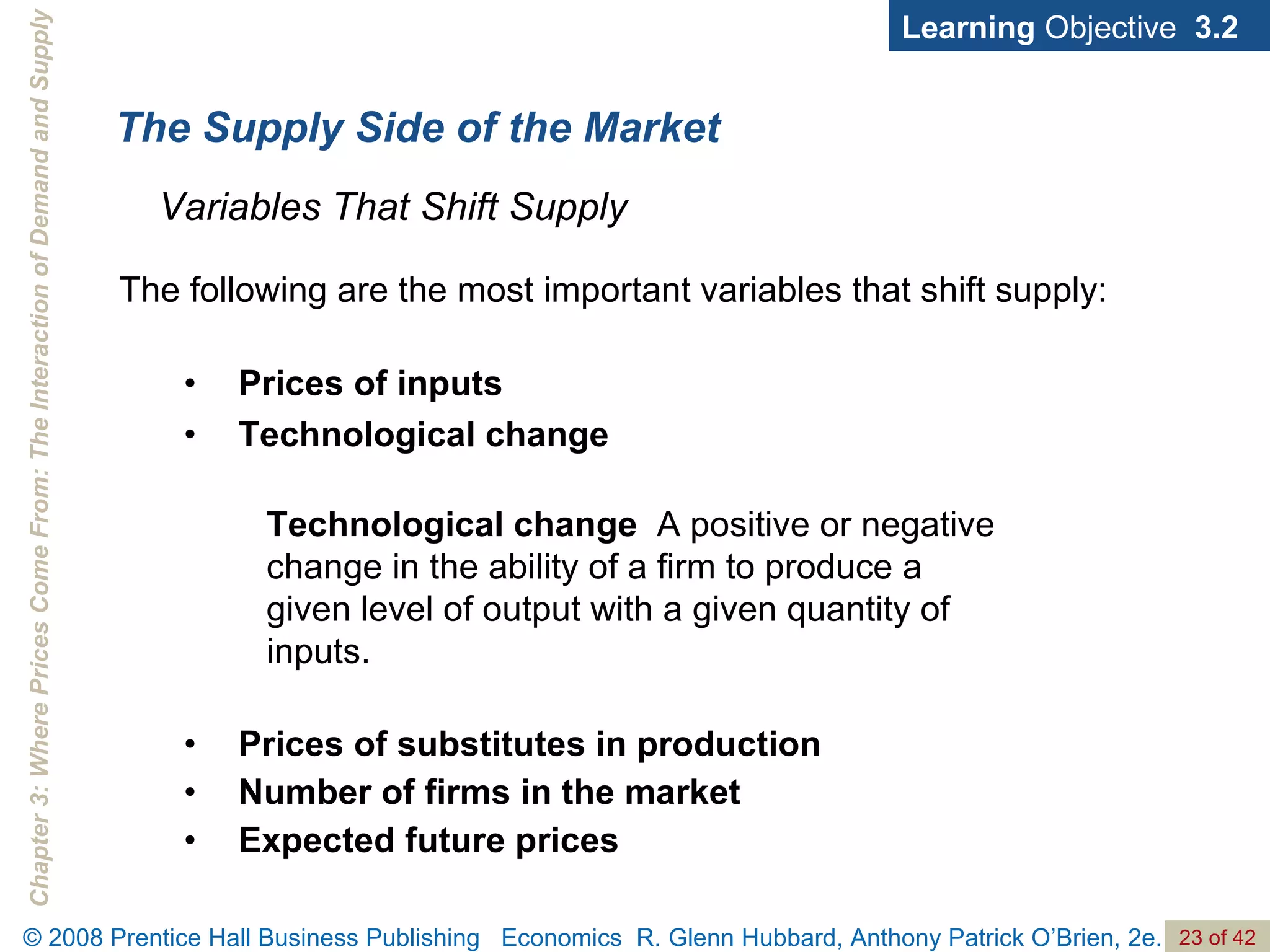 The Supply Side of the Market Prices of substitutes in production Number of firms in the market Expected future prices Learning  Objective  3.2 Variables That Shift Supply Technological change   A positive or negative change in the ability of a firm to produce a given level of output with a given quantity of inputs.  The following are the most important variables that shift supply: • Prices of inputs • Technological change 