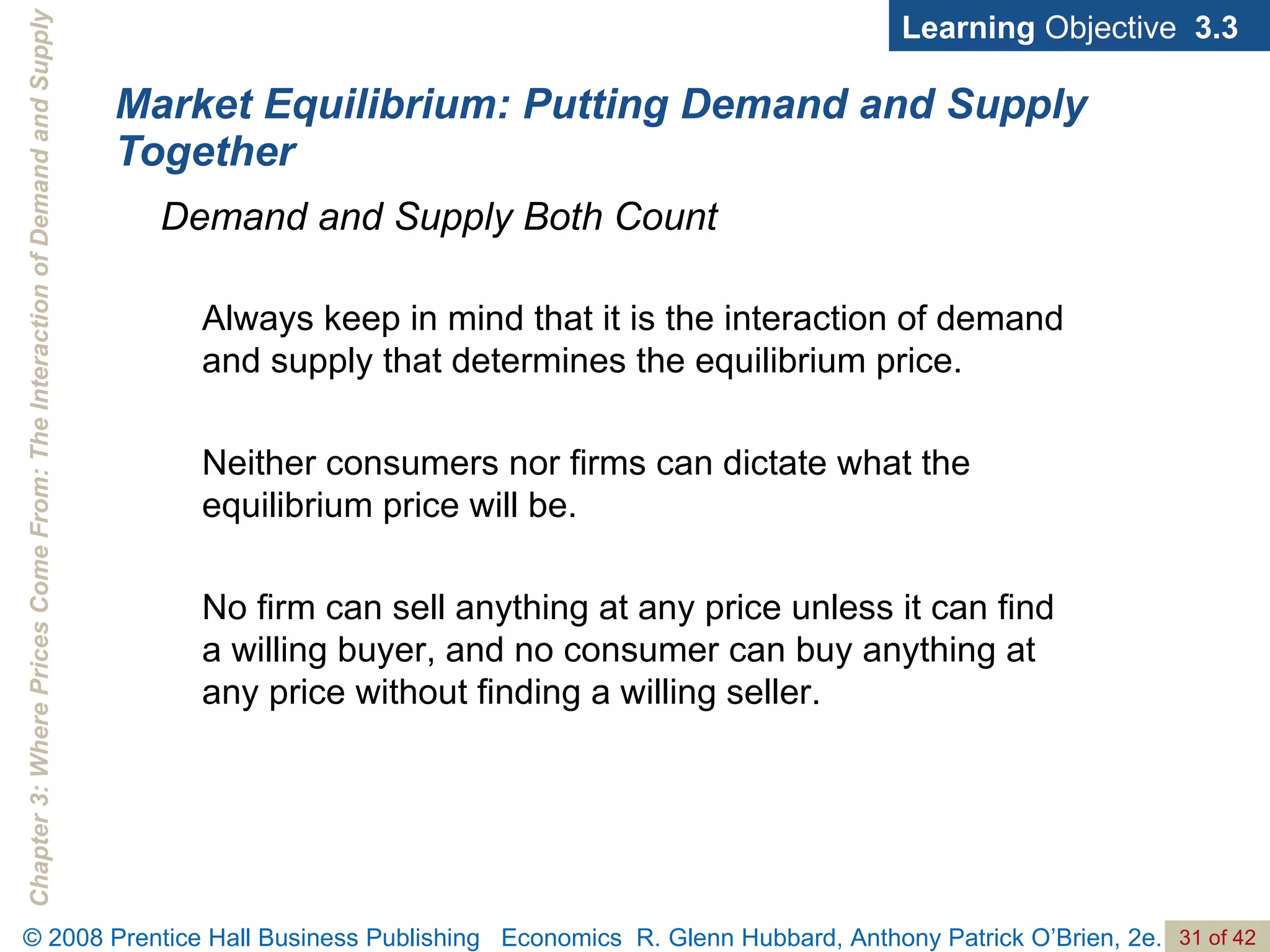 Market Equilibrium: Putting Demand and Supply Together Learning  Objective  3.3 Demand and Supply Both Count Always keep in mind that it is the interaction of demand and supply that determines the equilibrium price.  Neither consumers nor firms can dictate what the equilibrium price will be.  No firm can sell anything at any price unless it can find a willing buyer, and no consumer can buy anything at any price without finding a willing seller.  