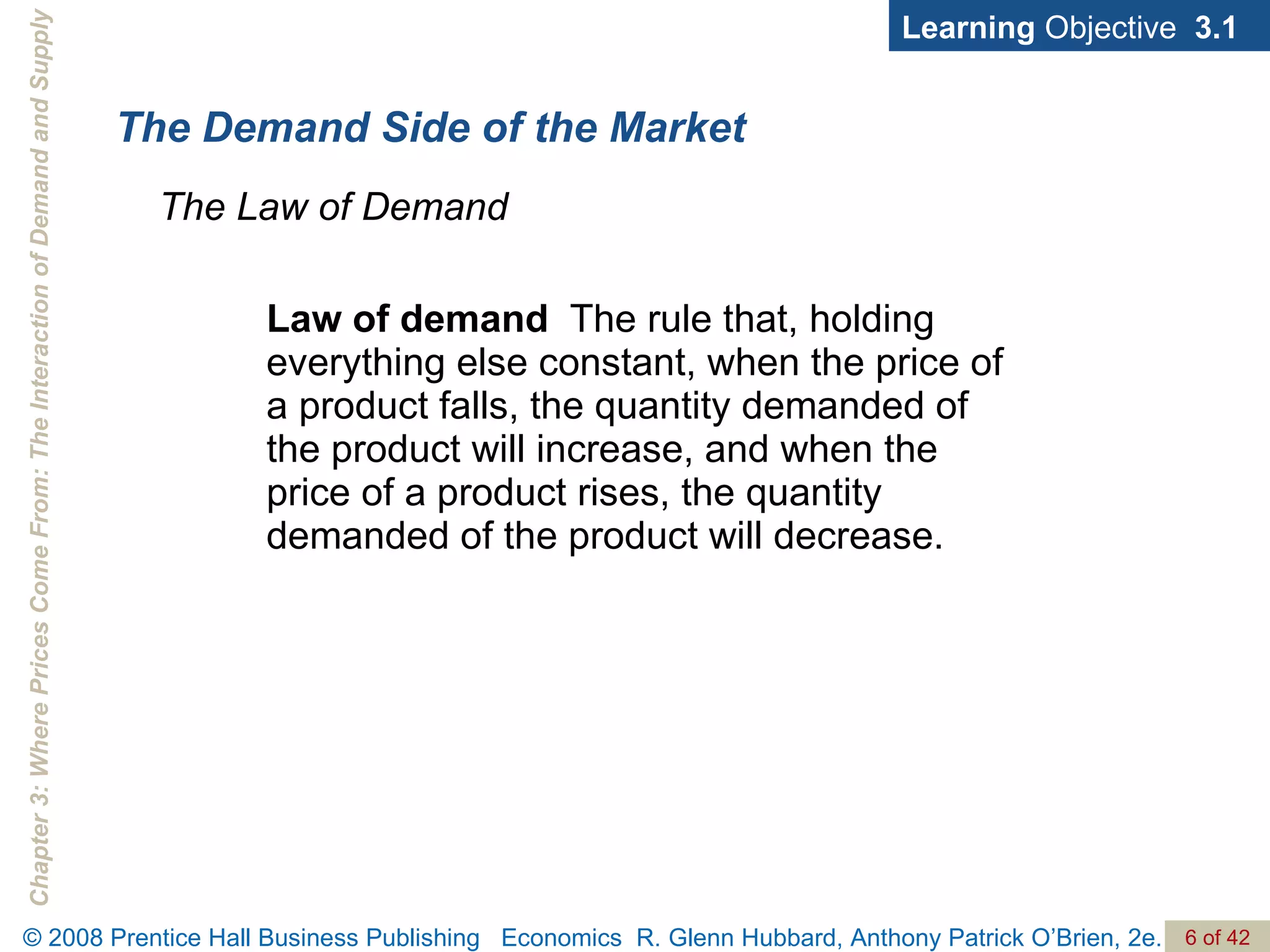 The Demand Side of the Market Law of demand   The rule that, holding everything else constant, when the price of a product falls, the quantity demanded of the product will increase, and when the price of a product rises, the quantity demanded of the product will decrease.  Learning  Objective  3.1 The Law of Demand 