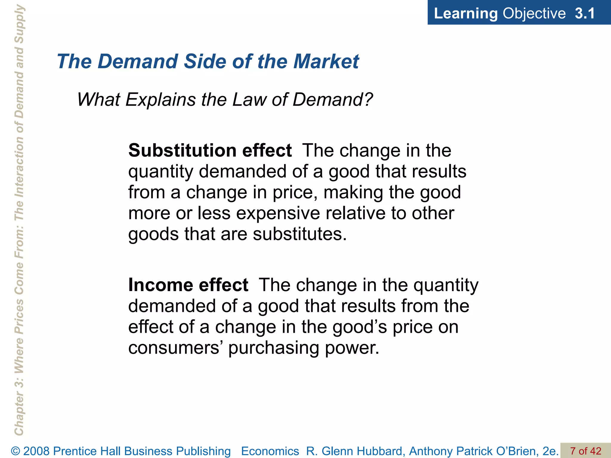 The Demand Side of the Market Substitution effect   The change in the quantity demanded of a good that results from a change in price, making the good more or less expensive relative to other goods that are substitutes. Income effect   The change in the quantity demanded of a good that results from the effect of a change in the good’s price on consumers’ purchasing power.  Learning  Objective  3.1 What Explains the Law of Demand? 