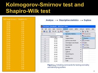 Self image (in nos.) Height(in ft.)
24.00 5.40
30.00 5.50
22.00 5.50
42.00 5.60
38.00 5.60
21.00 5.60
24.00 5.70
30.00 5.70
22.00 5.70
24.00 5.70
23.00 5.80
23.00 5.80
28.00 5.80
24.00 5.90
21.00 5.90
45.00 6.00
24.00 5.80
23.00 5.50
28.00 5.60
30.00 5.60
22.00 5.70
28.00 5.70
24.00 5.70
45.00 5.80
42.00 5.90
Analyze Descriptive statistics Explore
Figure 3.4 Initiating commands for testing normality
and identifying outliers
17
 