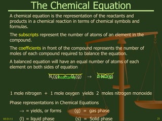 The Chemical Equation A chemical equation is the representation of the reactants and products in a chemical reaction in terms of chemical symbols and formulas. The  subscripts  represent the number of atoms of an element in the compound. The  coefficients  in front of the compound represents the number of moles of each compound required to balance the equation. A balanced equation will have an equal number of atoms of each element on both sides of equation  N 2 (g)  +  O 2 (g)     2 NO(g) 1 mole nitrogen  +  1 mole oxygen  yields  2  moles nitrogen monoxide Phase representations in Chemical Equations  = yields, or forms (g)  =  gas phase (l) = liquid phase  (s)  =  Solid phase 03/21/11 Reactants Products 