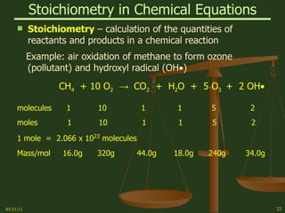 Stoichiometry in Chemical Equations Stoichiometry  – calculation of the quantities of reactants and products in a chemical reaction Example: air oxidation of methane to form ozone (pollutant) and hydroxyl radical (OH  ) CH 4   + 10 O 2   ->  CO 2   +  H 2 O  +  5 O 3  +  2 OH  molecules  1  10  1  1  5  2 moles  1  10  1  1  5  2 1 mole  =  2.066 x 10 23  molecules  Mass/mol  16.0g  320g  44.0g  18.0g  240g  34.0g  03/21/11 