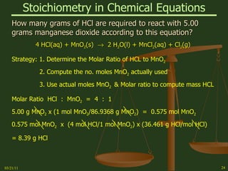 Stoichiometry in Chemical Equations How many grams of HCl are required to react with 5.00 grams manganese dioxide according to this equation? 4 HCl(aq) + MnO 2 (s)     2 H 2 O(l) + MnCl 2 (aq) + Cl 2 (g) Strategy: 1. Determine the Molar Ratio of HCL to MnO 2 2. Compute the no. moles MnO 2  actually used 3. Use actual moles MnO 2  & Molar ratio to compute mass HCL Molar Ratio  HCl  :  MnO 2   =  4  :  1 5.00 g MnO 2  x (1 mol MnO 2 /86.9368 g MnO 2 )  =  0.575 mol MnO 2 0.575 mol MnO 2   x  (4 mol HCl/1 mol MnO 2 ) x (36.461 g HCl/mol HCl) = 8.39 g HCl 03/21/11 