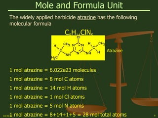 Mole and Formula Unit The widely applied herbicide  atrazine  has the following molecular formula C 8 H 14 ClN 5 1 mol atrazine = 6.022e23 molecules 1 mol atrazine = 8 mol C atoms 1 mol atrazine = 14 mol H atoms 1 mol atrazine = 1 mol Cl atoms 1 mol atrazine = 5 mol N atoms 1 mol atrazine = 8+14+1+5 = 28 mol total atoms 03/21/11 Atrazine 