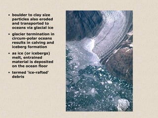 • boulder to clay size
  particles also eroded
  and transported to
  oceans via glacial ice
• glacier termination in
  circum-polar oceans
  results in calving and
  iceberg formation
• as ice (or icebergs)
  melt, entrained
  material is deposited
  on the ocean floor
• termed 'ice-rafted'
  debris
 