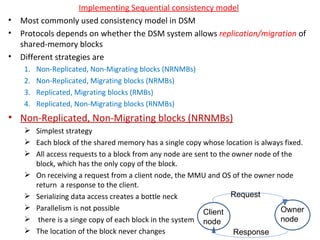 Implementing Sequential consistency model Most commonly used consistency model in DSM Protocols depends on whether the DSM system allows  replication/migration  of shared-memory blocks Different strategies are Non-Replicated, Non-Migrating blocks (NRNMBs) Non-Replicated, Migrating blocks (NRMBs) Replicated, Migrating blocks (RMBs) Replicated, Non-Migrating blocks (RNMBs) Non-Replicated, Non-Migrating blocks (NRNMBs) Simplest strategy Each block of the shared memory has a single copy whose location is always fixed. All access requests to a block from any node are sent to the owner node of the block, which has the only copy of the block. On receiving a request from a client node, the MMU and OS of the owner node return  a response to the client. Serializing data access creates a bottle neck Parallelism is not possible there is a singe copy of each block in the system The location of the block never changes Client node Owner node Request Response 