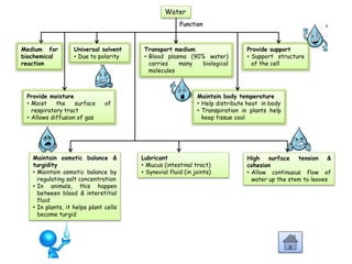 Water
Function
Medium for
biochemical
reaction
Universal solvent
• Due to polarity
Transport medium
• Blood plasma (90% water)
carries many biological
molecules
Maintain osmotic balance &
turgidity
• Maintain osmotic balance by
regulating salt concentration
• In animals, this happen
between blood & interstitial
fluid
• In plants, it helps plant cells
become turgid
Provide support
• Support structure
of the cell
Provide moisture
• Moist the surface of
respiratory tract
• Allows diffusion of gas
Maintain body temperature
• Help distribute heat in body
• Transpiration in plants help
keep tissue cool
High surface tension &
cohesion
• Allow continuous flow of
water up the stem to leaves
Lubricant
• Mucus (intestinal tract)
• Synovial fluid (in joints)
 