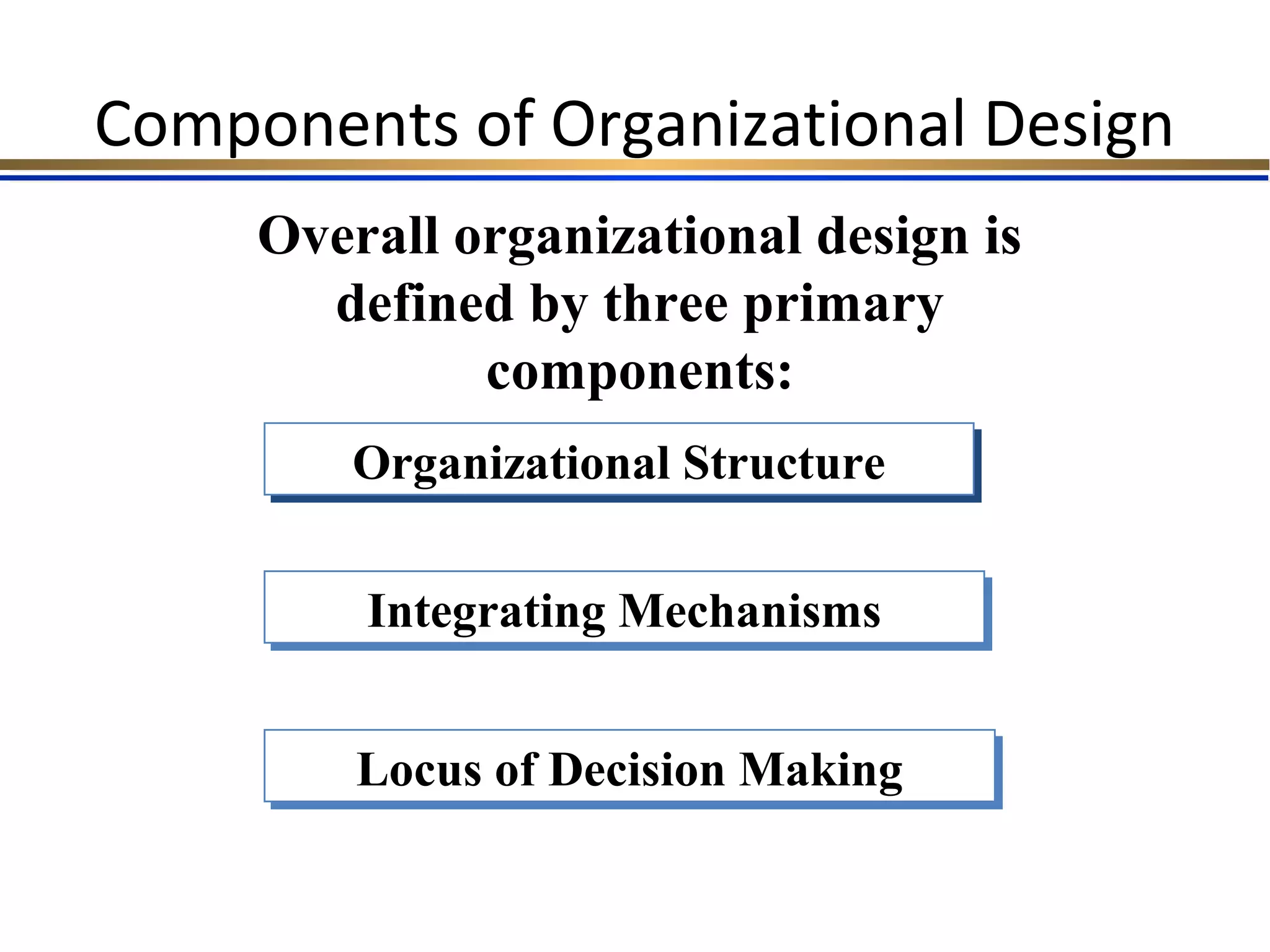 Components of Organizational Design
Overall organizational design is
defined by three primary
components:
Organizational StructureOrganizational Structure
Integrating MechanismsIntegrating Mechanisms
Locus of Decision MakingLocus of Decision Making
 