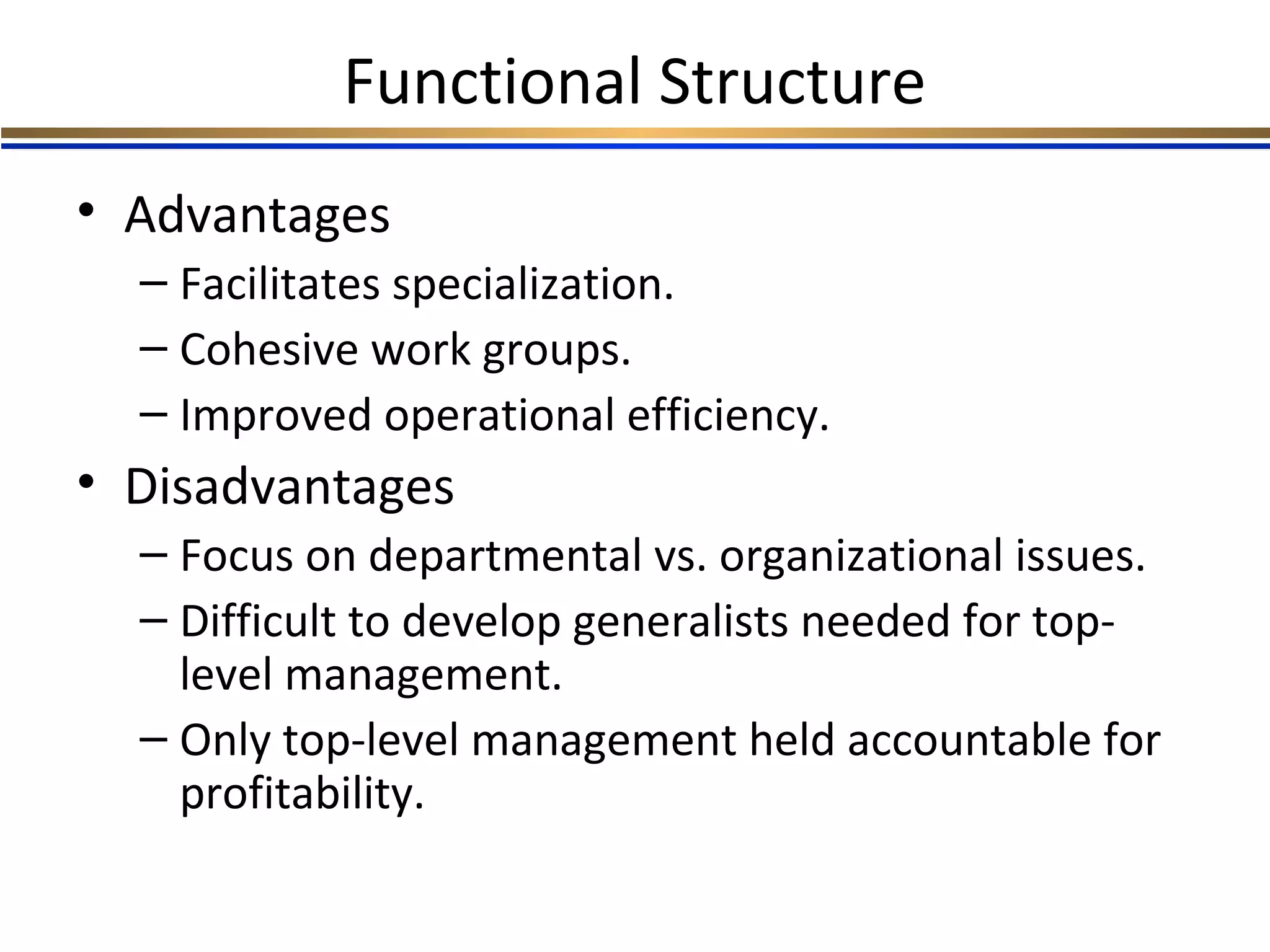 Functional Structure
• Advantages
– Facilitates specialization.
– Cohesive work groups.
– Improved operational efficiency.
• Disadvantages
– Focus on departmental vs. organizational issues.
– Difficult to develop generalists needed for top-
level management.
– Only top-level management held accountable for
profitability.
 
