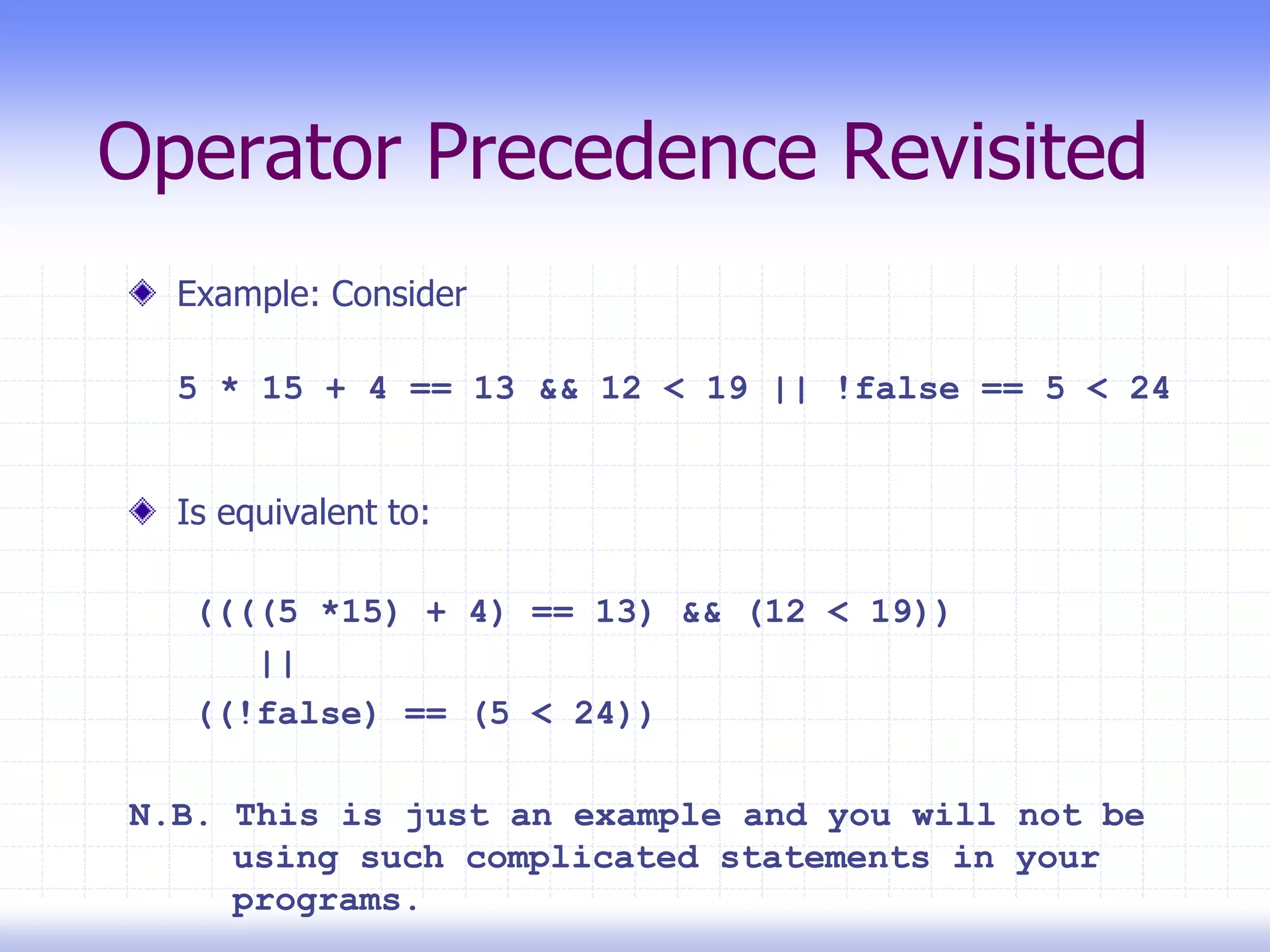 Operator Precedence Revisited
Example: Consider
5 * 15 + 4 == 13 && 12 < 19 || !false == 5 < 24
Is equivalent to:
((((5 *15) + 4) == 13) && (12 < 19))
||
((!false) == (5 < 24))
N.B. This is just an example and you will not be
using such complicated statements in your
programs.
 