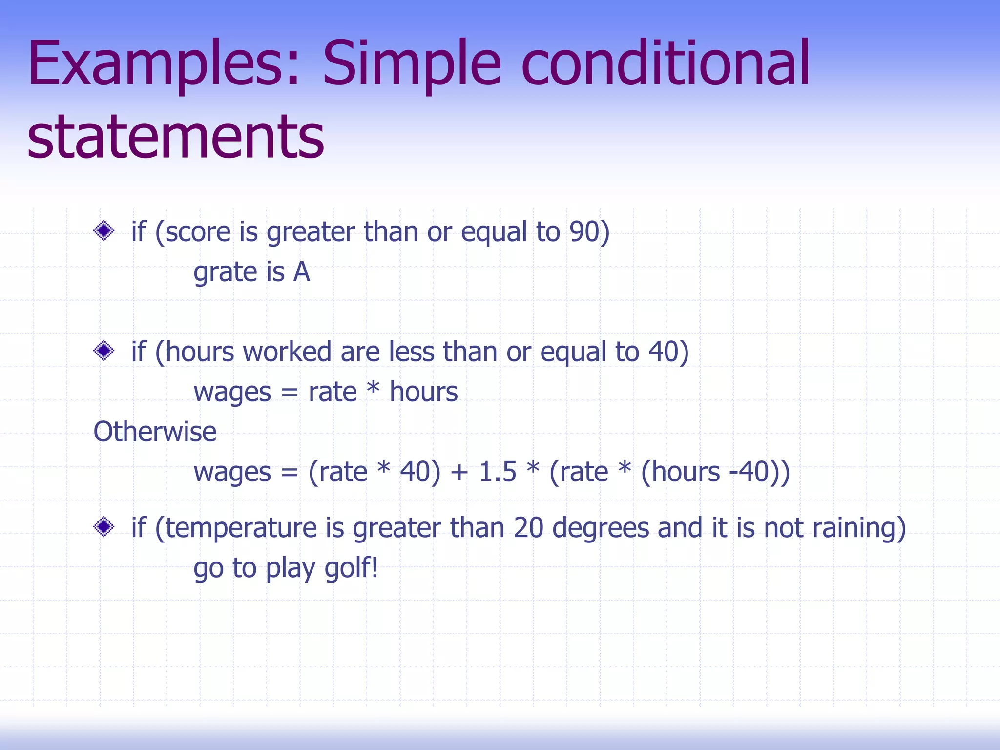 Examples: Simple conditional
statements
if (score is greater than or equal to 90)
grate is A
if (hours worked are less than or equal to 40)
wages = rate * hours
Otherwise
wages = (rate * 40) + 1.5 * (rate * (hours -40))
if (temperature is greater than 20 degrees and it is not raining)
go to play golf!
 