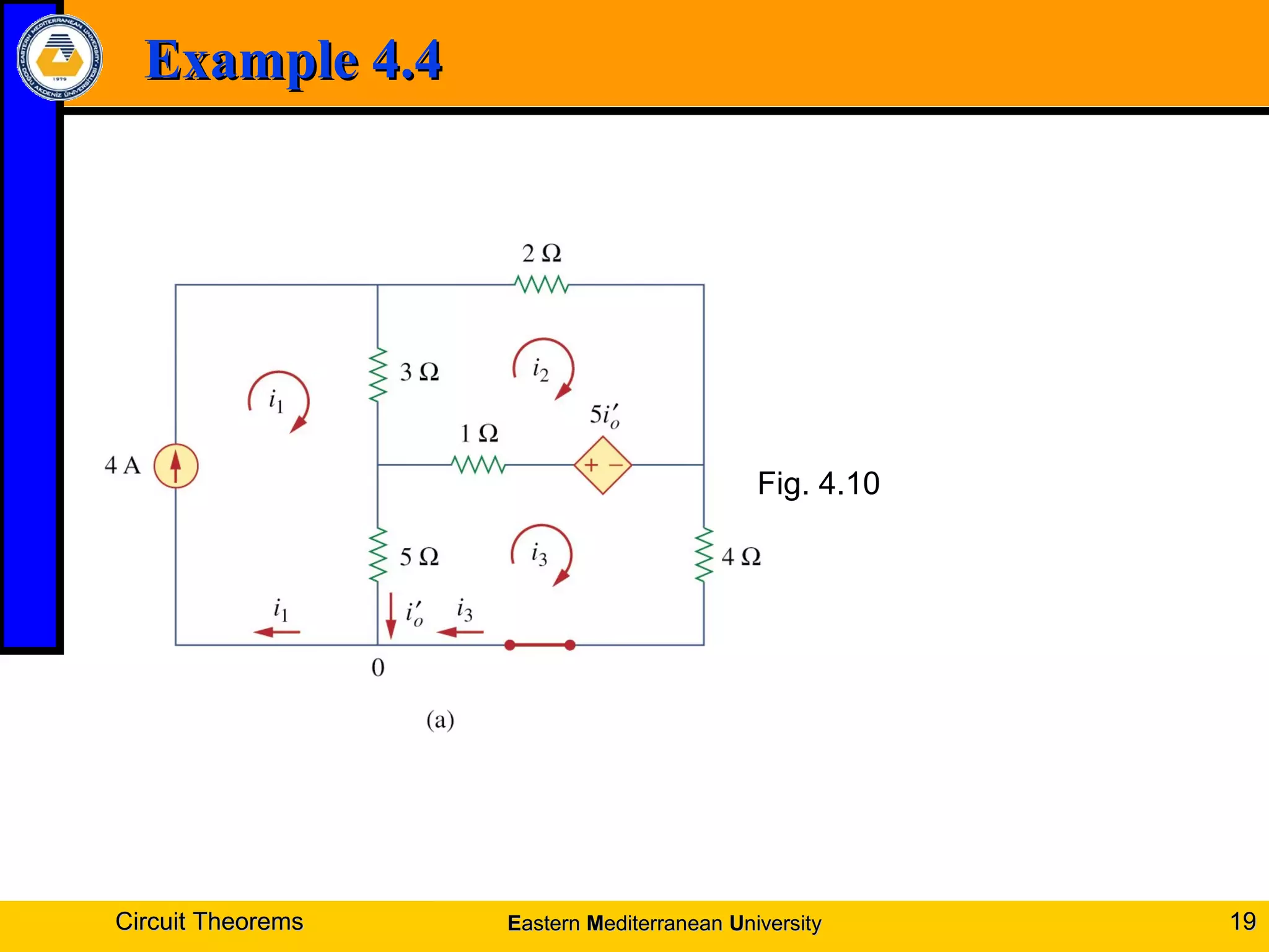 Example 4.4Example 4.4
Circuit TheoremsCircuit Theorems 1919
Fig. 4.10
EEasternastern MMediterraneanediterranean UUniversityniversity
 