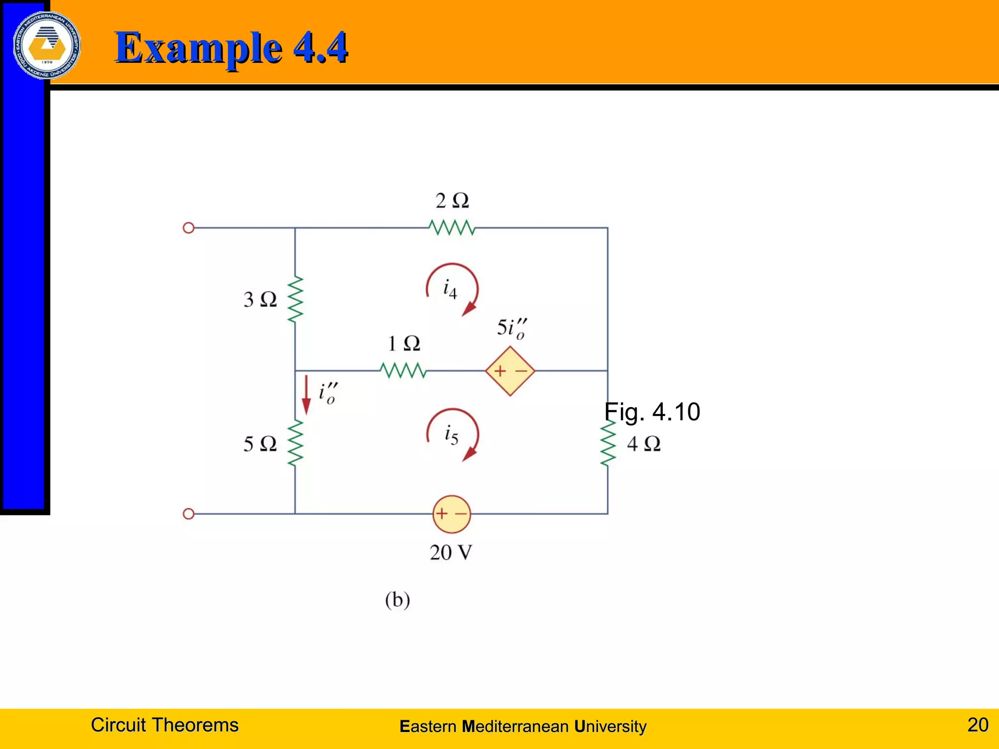 Example 4.4Example 4.4
Circuit TheoremsCircuit Theorems 2020
Fig. 4.10
EEasternastern MMediterraneanediterranean UUniversityniversity
 
