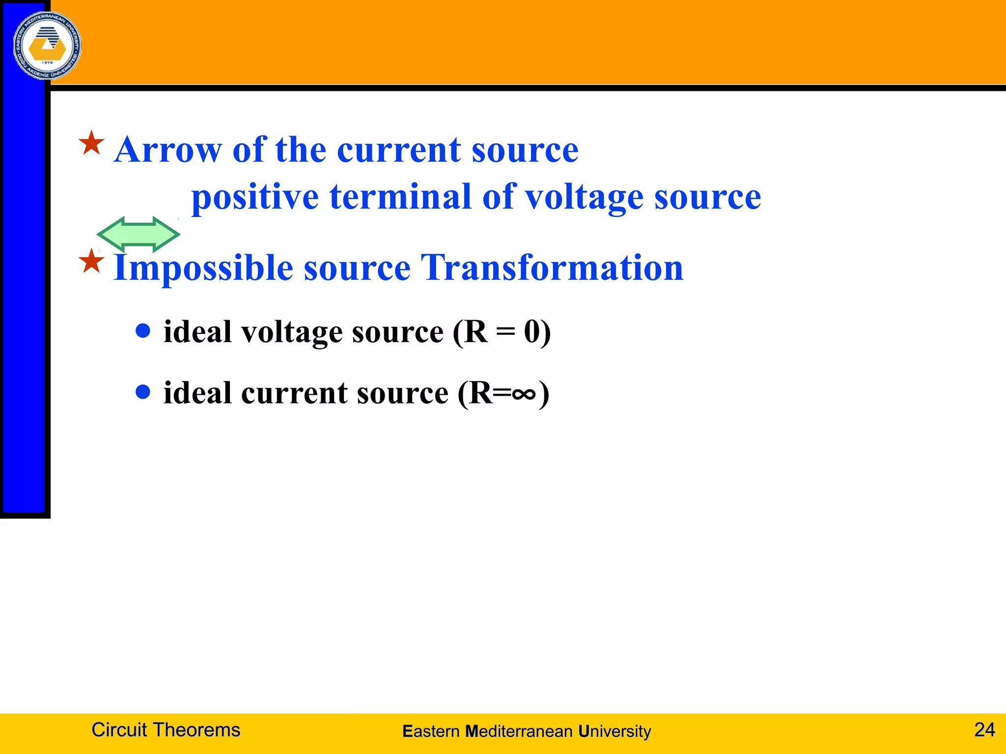 Arrow of the current source
positive terminal of voltage source
Impossible source Transformation
● ideal voltage source (R = 0)
● ideal current source (R=∞)
Circuit TheoremsCircuit Theorems 2424EEasternastern MMediterraneanediterranean UUniversityniversity
 