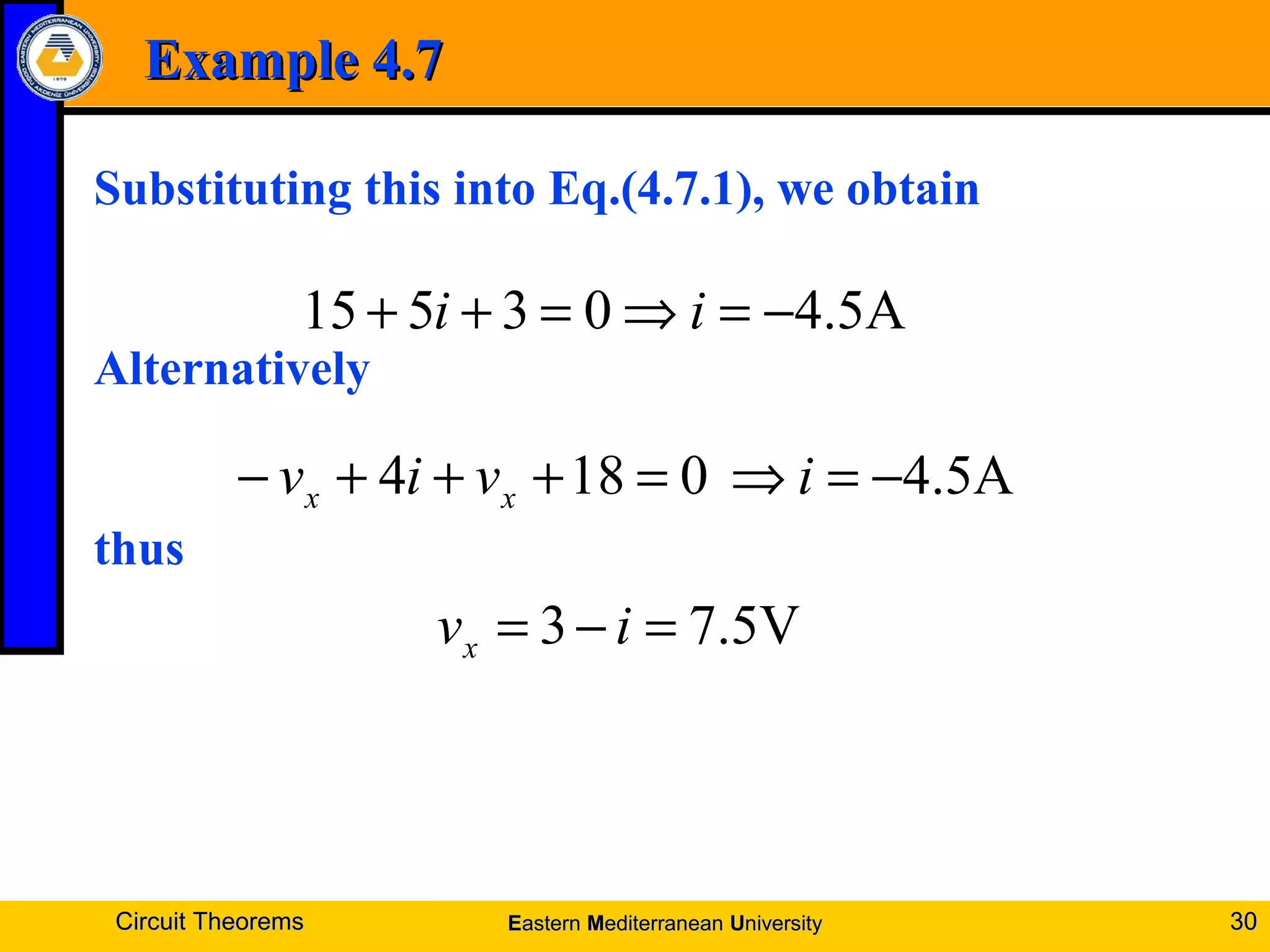 Example 4.7Example 4.7
Substituting this into Eq.(4.7.1), we obtain
Alternatively
thus
Circuit TheoremsCircuit Theorems 3030
A5.403515 −=⇒=++ ii
A5.40184 −=⇒=+++− iviv xx
V5.73 =−= ivx
EEasternastern MMediterraneanediterranean UUniversityniversity
 