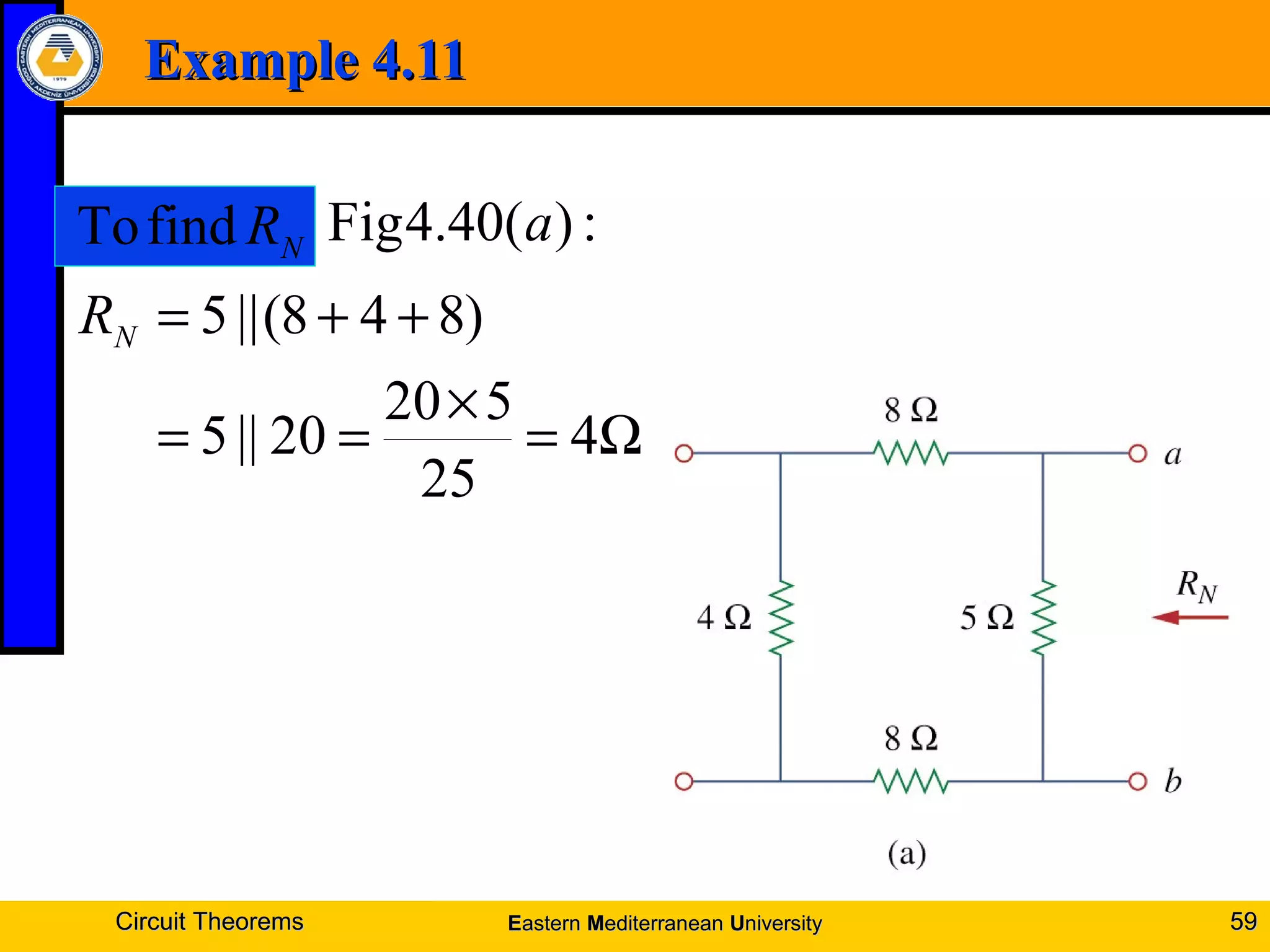 Example 4.11Example 4.11
Circuit TheoremsCircuit Theorems 5959
:)(40.4Fig a
Ω=
×
==
++=
4
25
520
20||5
)848(||5NR
NRfindTo
EEasternastern MMediterraneanediterranean UUniversityniversity
 
