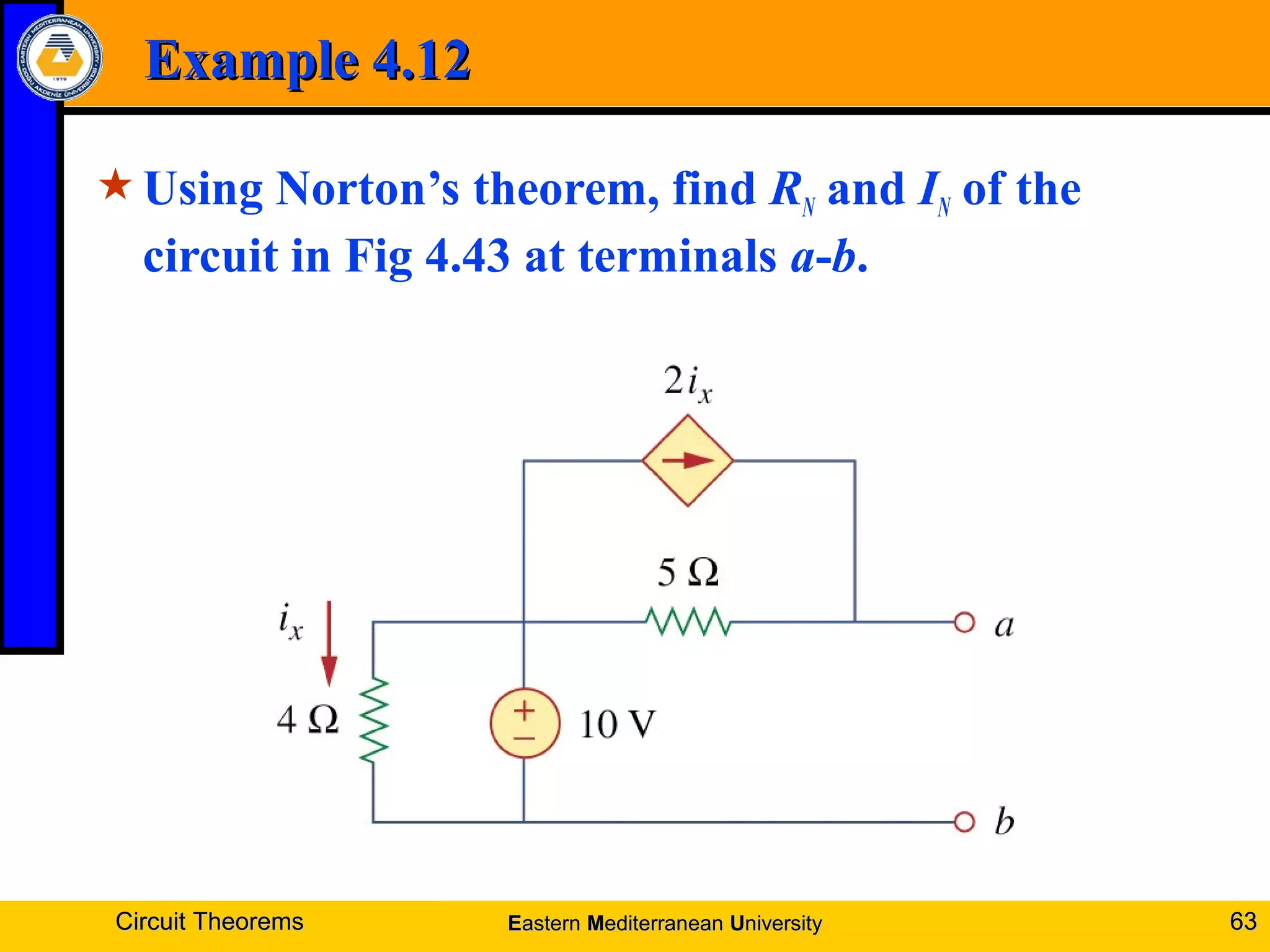 Example 4.12Example 4.12
Using Norton’s theorem, find RN and IN of the
circuit in Fig 4.43 at terminals a-b.
Circuit TheoremsCircuit Theorems 6363EEasternastern MMediterraneanediterranean UUniversityniversity
 