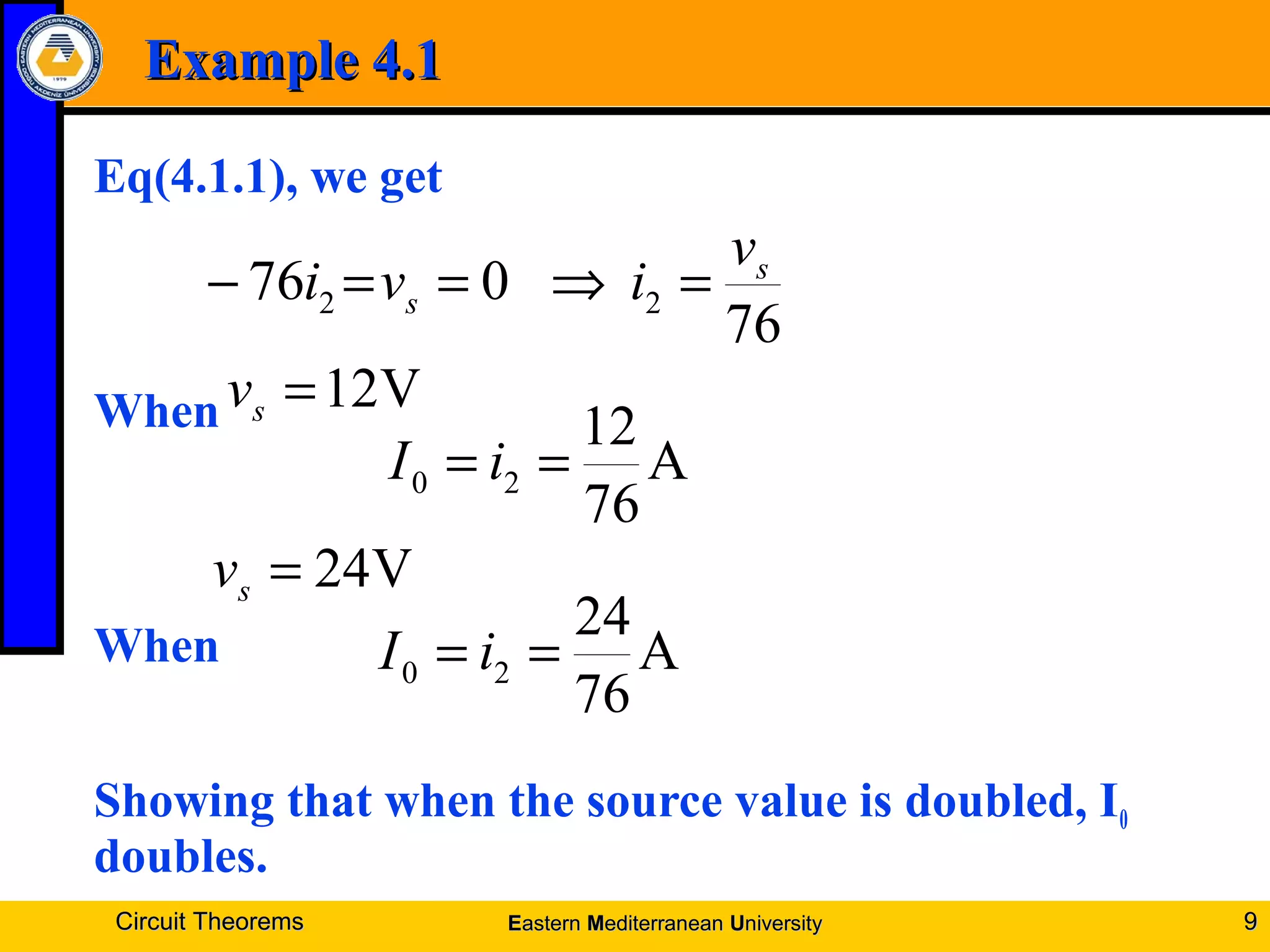 Example 4.1Example 4.1
Eq(4.1.1), we get
When
When
Showing that when the source value is doubled, I0
doubles.
Circuit TheoremsCircuit Theorems 99
76
076 22
s
s
v
ivi =⇒==−
A
76
12
20 == iI
V12=sv
A
76
24
20 == iI
V24=sv
EEasternastern MMediterraneanediterranean UUniversityniversity
 