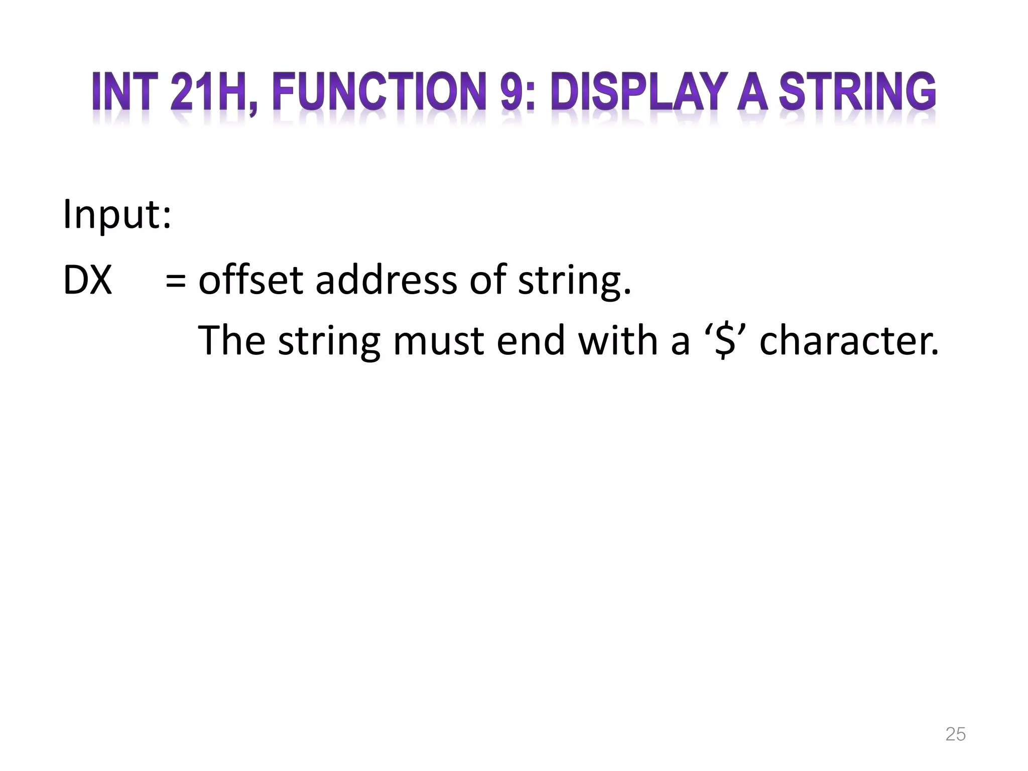 Input: DX = offset address of string. = The string must end with a ‘$’ character. 25 