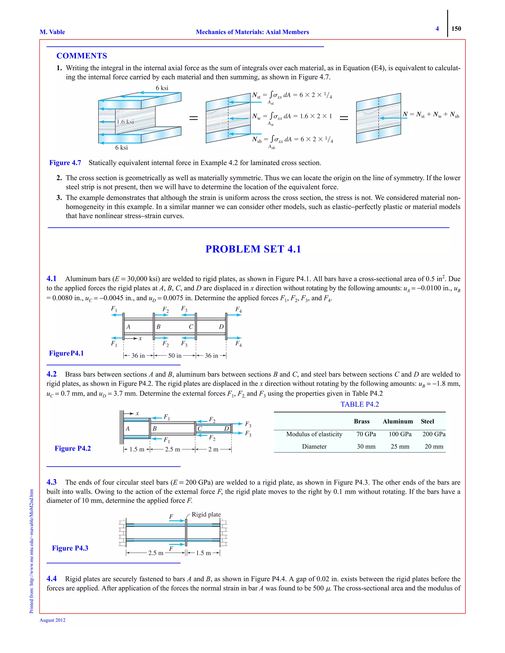 4 150
Mechanics of Materials: Axial MembersM. VablePrintedfrom:http://www.me.mtu.edu/~mavable/MoM2nd.htm
August 2012
COMMENTS
1. Writing the integral in the internal axial force as the sum of integrals over each material, as in Equation (E4), is equivalent to calculat-
ing the internal force carried by each material and then summing, as shown in Figure 4.7.
2. The cross section is geometrically as well as materially symmetric. Thus we can locate the origin on the line of symmetry. If the lower
steel strip is not present, then we will have to determine the location of the equivalent force.
3. The example demonstrates that although the strain is uniform across the cross section, the stress is not. We considered material non-
homogeneity in this example. In a similar manner we can consider other models, such as elastic–perfectly plastic or material models
that have nonlinear stress–strain curves.
PROBLEM SET 4.1
4.1 Aluminum bars (E = 30,000 ksi) are welded to rigid plates, as shown in Figure P4.1. All bars have a cross-sectional area of 0.5 in2
. Due
to the applied forces the rigid plates at A, B, C, and D are displaced in x direction without rotating by the following amounts: uA = −0.0100 in., uB
= 0.0080 in., uC = −0.0045 in., and uD = 0.0075 in. Determine the applied forces F1, F2, F3, and F4.
4.2 Brass bars between sections A and B, aluminum bars between sections B and C, and steel bars between sections C and D are welded to
rigid plates, as shown in Figure P4.2. The rigid plates are displaced in the x direction without rotating by the following amounts: uB = −1.8 mm,
uC = 0.7 mm, and uD = 3.7 mm. Determine the external forces F1, F2, and F3 using the properties given in Table P4.2
4.3 The ends of four circular steel bars (E = 200 GPa) are welded to a rigid plate, as shown in Figure P4.3. The other ends of the bars are
built into walls. Owing to the action of the external force F, the rigid plate moves to the right by 0.1 mm without rotating. If the bars have a
diameter of 10 mm, determine the applied force F.
4.4 Rigid plates are securely fastened to bars A and B, as shown in Figure P4.4. A gap of 0.02 in. exists between the rigid plates before the
forces are applied. After application of the forces the normal strain in bar A was found to be 500 μ. The cross-sectional area and the modulus of
Figure 4.7 Statically equivalent internal force in Example 4.2 for laminated cross section.
6 ksi
6 ksi
F1 F4F
x
36 in 50 in 36 in
F2FF F3FF
F1 F4FF2FF F3FF
A B C D
FigureP4.1
F1 F2FF
F3FF
F3FF
F2FFF1
x
DCBA
1.5 m 2.5 m 2 mFigure P4.2
TABLE P4.2
Brass Aluminum Steel
Modulus of elasticity 70 GPa 100 GPa 200 GPa
Diameter 30 mm 25 mm 20 mm
1.5 m
F
F
2.5 m
Rigid plate
Figure P4.3
 