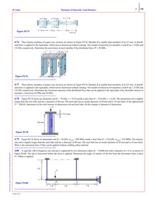 4 184
Mechanics of Materials: Axial MembersM. VablePrintedfrom:http://www.me.mtu.edu/~mavable/MoM2nd.htm
August 2012
4.76 Three plastic members of equal cross sections are shown in Figure P4.76. Member B is smaller than members A by 0.5 mm. A distrib-
uted force is applied to the rigid plate, which moves downward without rotating. The moduli of elasticity for members A and B are 1.5 GPa and
2.0 GPa, respectively. Determine the axial stress in each member if the distributed force W = 20 MPa.
4.77 Three plastic members of equal cross sections are shown in Figure P4.76. Member B is smaller than members A by 0.5 mm. A distrib-
uted force is applied to the rigid plate, which moves downward without rotating. The moduli of elasticity for members A and B are 1.5 GPa and
2.0 GPa, respectively. Determine the maximum intensity of the distributed force that can be applied to the rigid plate if the allowable stresses in
members A and B are 50 MPa and 30 MPa.
4.78 Figure P4.78 shows an aluminum rod (E = 70 GPa, ν = 0.25) inside a steel tube (E = 210 GPa, ν = 0.28). The aluminium rod is slightly
longer than the steel tube and has a diameter of 40 mm. The steel tube has an inside diameter of 50 mm and is 10 mm thick. If the applied load
P = 200 kN, determine (a) the axial stresses in aluminium rod and steel tube; (b) the change in diameter of aluminium.
4.79 Figure P4.78 shows an aluminium rod (E = 70 GPa, σyield = 280 MPa) inside a steel tube (E = 210 GPa, σyield = 210 MPa). The alumin-
ium rod is slightly longer than the steel tube and has a diameter of 40 mm. The steel tube has an inside diameter of 50 mm and is 10 mm thick.
What is the maximum force P that can be applied without yielding either material.
4.80 A rigid bar ABCD hinged at one end and is supported by two aluminum cables (E = 10,000 ksi) with a diameter of 1/4 in. as shown in
Figure P4.80. The bar is horizontal before the force is applied. Determine the angle of rotation of the bar from the horizontal when a force
P= 10kips is applied.
A B
12.5 kips 17.5 kips
17.5 kips
C D
18 in
d ϭ 3 in
24 in 36 in
0.01 in
Figure P4.75
W20 mm
Figure P4.76
0.15 mm
250 mm
Aluminum
P
Figure P4.78
5 ft
P
3 ft 5 ft
Figure P4.80 A B C
5 ft
D
 