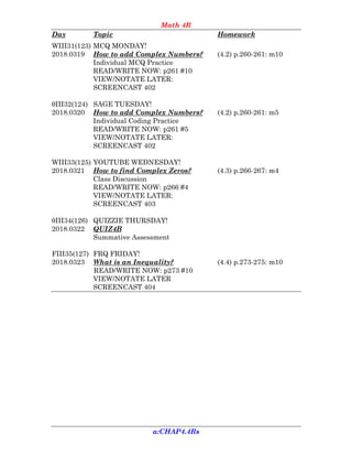 Math 4R
Day Topic Homework
a:CHAP4.4Rs
WIII31(123) MCQ MONDAY!
2018.0319 How to add Complex Numbers? (4.2) p.260-261: m10
Individual MCQ Practice
READ/WRITE NOW: p261 #10
VIEW/NOTATE LATER:
SCREENCAST 402
III32(124) SAGE TUESDAY!
2018.0320 How to add Complex Numbers? (4.2) p.260-261: m5
Individual Coding Practice
READ/WRITE NOW: p261 #5
VIEW/NOTATE LATER:
SCREENCAST 402
WIII33(125) YOUTUBE WEDNESDAY!
2018.0321 How to find Complex Zeros? (4.3) p.266-267: m4
Class Discussion
READ/WRITE NOW: p266 #4
VIEW/NOTATE LATER:
SCREENCAST 403
III34(126) QUIZZIE THURSDAY!
2018.0322 QUIZ4B
Summative Assessment
FIII35(127) FRQ FRIDAY!
2018.0323 What is an Inequality? (4.4) p.273-275: m10
READ/WRITE NOW: p273 #10
VIEW/NOTATE LATER
SCREENCAST 404
 