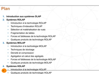 4
Plan
1. Introduction aux systèmes OLAP
2. Systèmes ROLAP
• Introduction à la technologie ROLAP
• Techniques d’indexation ROLAP
• Sélection et matérialisation de vues
• Fragmentation de tables
• Forces et faiblesses de la technologie ROLAP
• Quelques produits de technologie ROLAP
3. Systèmes MOLAP
• Introduction à la technologie MOLAP
• Techniques de stockage
• Densité et compression
• Agrégation et calcul des agrégats
• Forces et faiblesses de la technologie MOLAP
• Quelques produits de technologie MOLAP
4. Systèmes HOLAP
• Introduction à la technologie HOLAP
• Quelques produits de technologie HOLAP
 