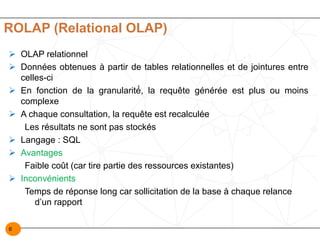 6
ROLAP (Relational OLAP)
Ø OLAP relationnel
Ø Données obtenues à partir de tables relationnelles et de jointures entre
celles-ci
Ø En fonction de la granularité́, la requête générée est plus ou moins
complexe
Ø A chaque consultation, la requête est recalculée
Les résultats ne sont pas stockés
Ø Langage : SQL
Ø Avantages
Faible coût (car tire partie des ressources existantes)
Ø Inconvénients
Temps de réponse long car sollicitation de la base à chaque relance
d’un rapport
 
