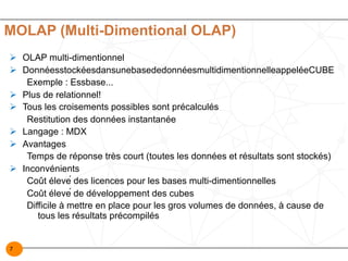 7
MOLAP (Multi-Dimentional OLAP)
Ø OLAP multi-dimentionnel
Ø DonnéesstockéesdansunebasededonnéesmultidimentionnelleappeléeCUBE
Exemple : Essbase...
Ø Plus de relationnel!
Ø Tous les croisements possibles sont précalculés
Restitution des données instantanée
Ø Langage : MDX
Ø Avantages
Temps de réponse très court (toutes les données et résultats sont stockés)
Ø Inconvénients
Coût élevé des licences pour les bases multi-dimentionnelles
Coût élevé de développement des cubes
Difficile à mettre en place pour les gros volumes de données, à cause de
tous les résultats précompilés
 