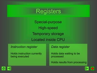 Registers
Special-purpose
High-speed
Temporary storage
Located inside CPU
Instruction register
Holds instruction currently
being executed
Data register
Holds data waiting to be
processed
Holds results from processing
 