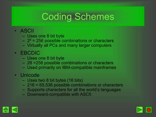 Coding Schemes
• ASCII
– Uses one 8 bit byte
– 28 = 256 possible combinations or characters
– Virtually all PCs and many larger computers
• EBCDIC
– Uses one 8 bit byte
– 28 =256 possible combinations or characters
– Used primarily on IBM-compatible mainframes
• Unicode
– Uses two 8 bit bytes (16 bits)
– 216 = 65,536 possible combinations or characters
– Supports characters for all the world’s languages
– Downward-compatible with ASCII
 
