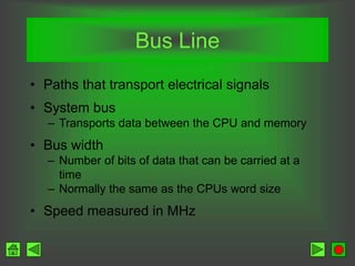 Bus Line
• Paths that transport electrical signals
• System bus
– Transports data between the CPU and memory
• Bus width
– Number of bits of data that can be carried at a
time
– Normally the same as the CPUs word size
• Speed measured in MHz
 