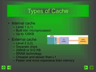 Types of Cache
• Internal cache
– Level 1 (L1)
– Built into microprocessor
– Up to 128KB
• External cache
– Level 2 (L2)
– Separate chips
– 256KB or 512 KB
– SRAM technology
– Cheaper and slower than L1
– Faster and more expensive than memory
 