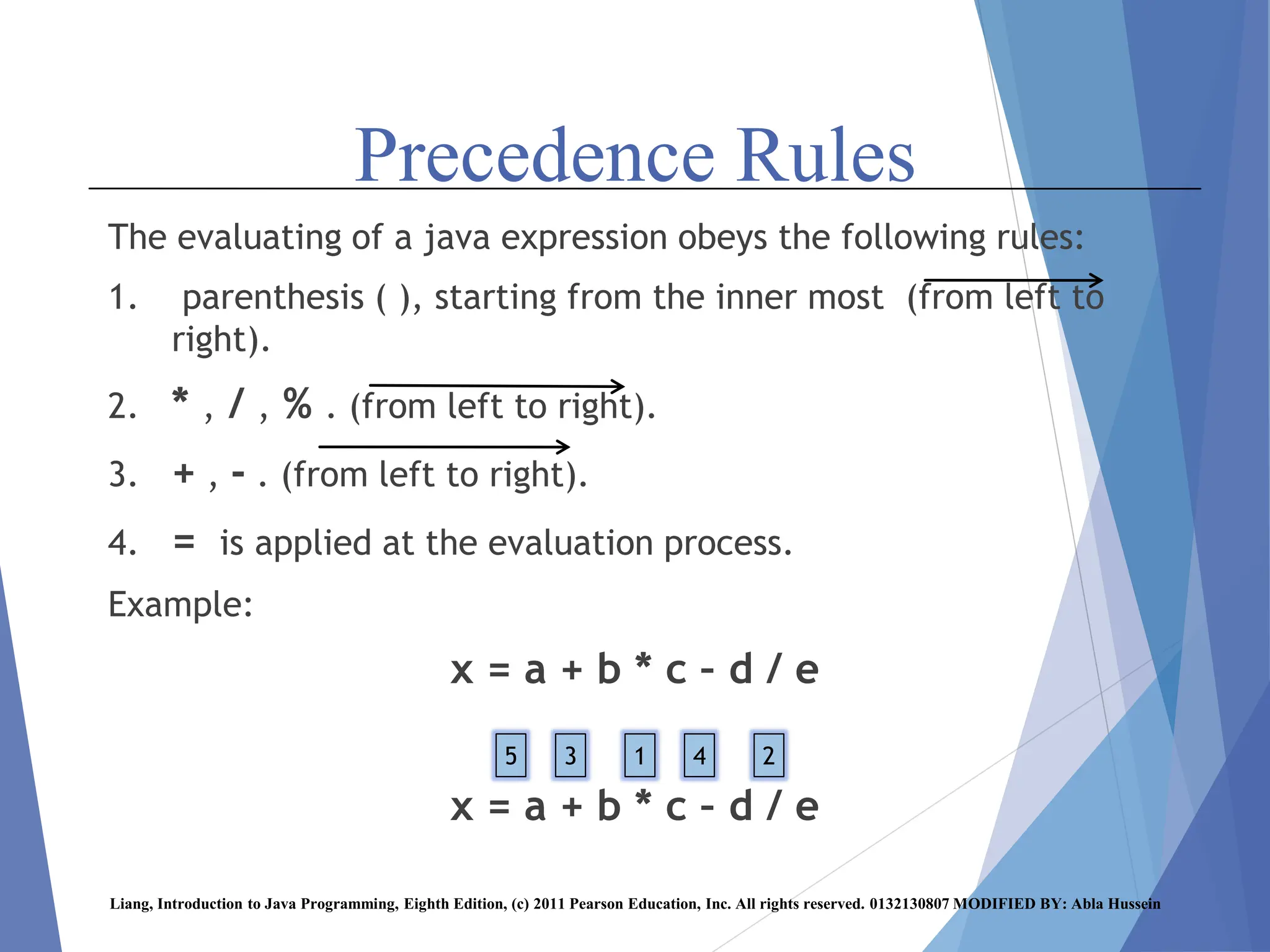 Precedence Rules
The evaluating of a java expression obeys the following rules:
1. parenthesis ( ), starting from the inner most (from left to
right).
2. * , / , % . (from left to right).
3. + , - . (from left to right).
4. = is applied at the evaluation process.
Example:
x = a + b * c – d / e
x = a + b * c – d / e
Liang, Introduction to Java Programming, Eighth Edition, (c) 2011 Pearson Education, Inc. All rights reserved. 0132130807 MODIFIED BY: Abla Hussein
1 2
4
3
5
 