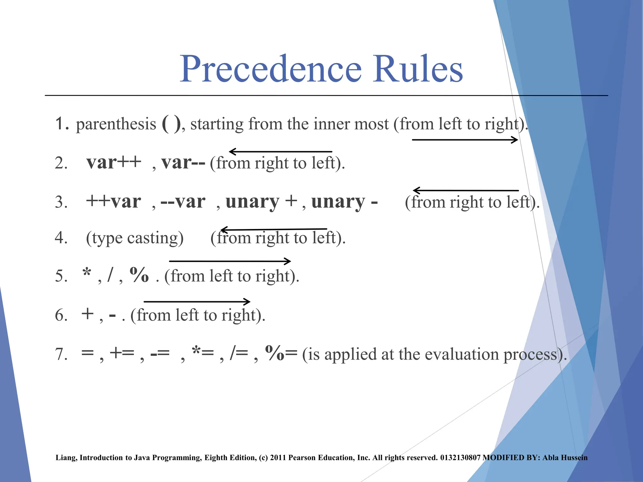 Precedence Rules
1. parenthesis ( ), starting from the inner most (from left to right).
2. var++ , var-- (from right to left).
3. ++var , --var , unary + , unary - (from right to left).
4. (type casting) (from right to left).
5. * , / , % . (from left to right).
6. + , - . (from left to right).
7. = , += , -= , *= , /= , %= (is applied at the evaluation process).
Liang, Introduction to Java Programming, Eighth Edition, (c) 2011 Pearson Education, Inc. All rights reserved. 0132130807 MODIFIED BY: Abla Hussein
 
