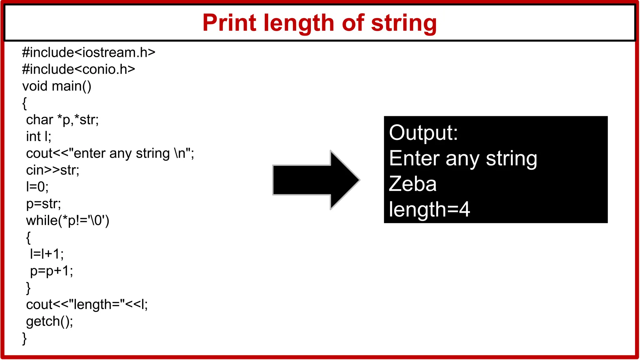 Print length of string
#include<iostream.h>
#include<conio.h>
void main()
{
char *p,*str;
int l;
cout<<"enter any string n";
cin>>str;
l=0;
p=str;
while(*p!='0')
{
l=l+1;
p=p+1;
}
cout<<"length="<<l;
getch();
}
Output:
Enter any string
Zeba
length=4
 