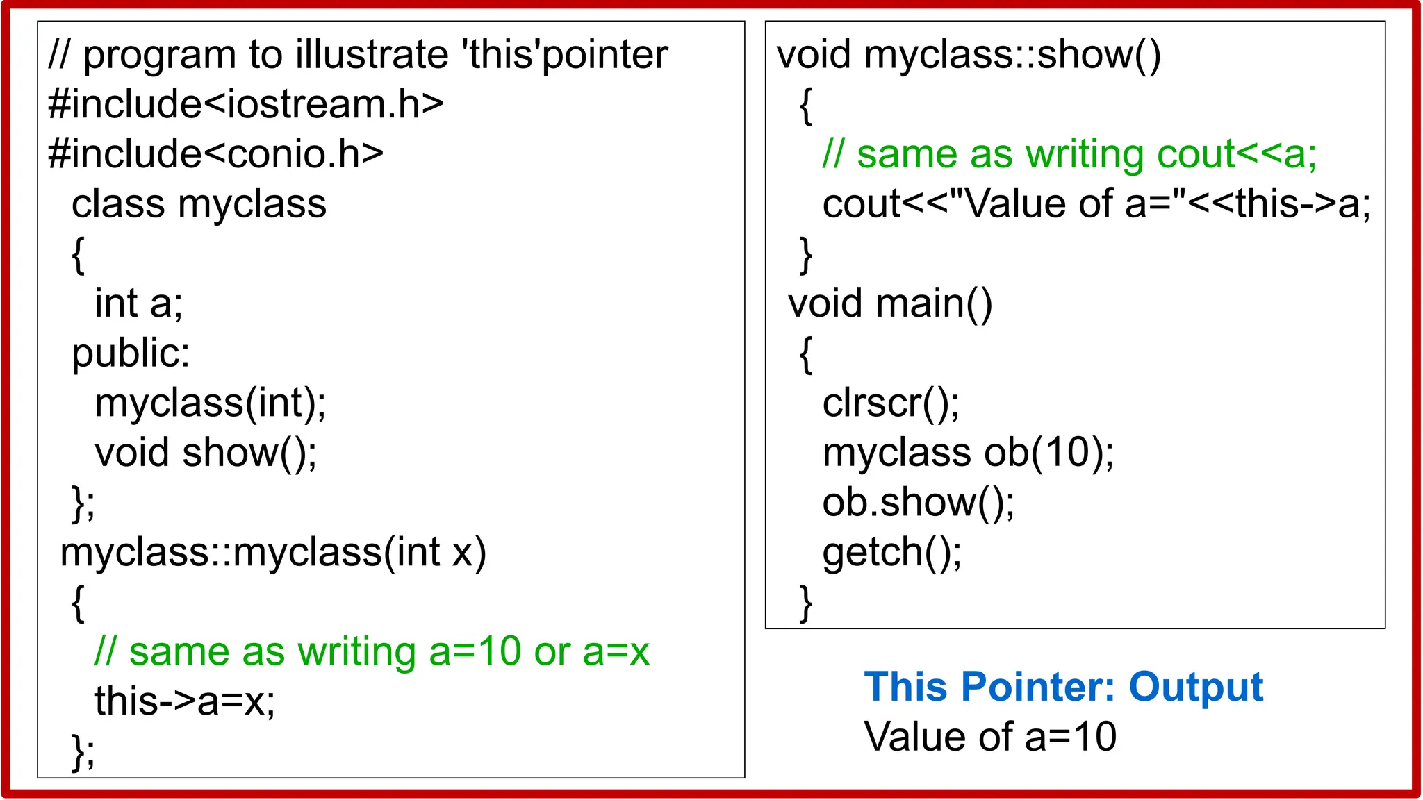 // program to illustrate 'this'pointer
#include<iostream.h>
#include<conio.h>
class myclass
{
int a;
public:
myclass(int);
void show();
};
myclass::myclass(int x)
{
// same as writing a=10 or a=x
this->a=x;
};
void myclass::show()
{
// same as writing cout<<a;
cout<<"Value of a="<<this->a;
}
void main()
{
clrscr();
myclass ob(10);
ob.show();
getch();
}
This Pointer: Output
Value of a=10
 