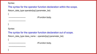 Syntax:
The syntax for the operator function declaration within the scope.
Return_data_type operator[op] (parameter_list)
{
------------------------- //Function body.
-------------------------
}
Syntax:
The syntax for the operator function declaration out of scope.
Return_data_type class_name :: operator[op] (parameter_list)
{
------------------------- //Function body.
-------------------------
}
 