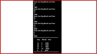 Enter the Day,Month and Year
12
3
1985
Enter the Day,Month and Year
25
7
1998
Enter the Day,Month and Year
23
7
1980
Enter the Day,Month and Year
31
12
2000
Enter the Day,Month and Year
4
4
2004
*****************************************
Day Month Year
12 3 1985
25 7 1998
23 7 1980
31 12 2000
4 4 2004
******************************************
 