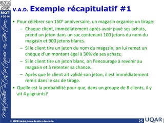 25
V.A.D. Exemple récapitulatif #1
• Pour célébrer son 150e anniversaire, un magasin organise un tirage:
– Chaque client, immédiatement après avoir payé ses achats,
prend un jeton dans un sac contenant 100 jetons du nom du
magasin et 900 jetons blancs.
– Si le client tire un jeton du nom du magasin, on lui remet un
chèque d’un montant égal à 30% de ses achats;
– Si le client tire un jeton blanc, on l’encourage à revenir au
magasin et à retenter sa chance.
– Après que le client ait validé son jeton, il est immédiatement
remis dans le sac de tirage.
• Quelle est la probabilité pour que, dans un groupe de 8 clients, il y
ait 4 gagnants?
 