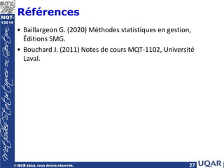 27
Références
• Baillargeon G. (2020) Méthodes statistiques en gestion,
Éditions SMG.
• Bouchard J. (2011) Notes de cours MQT-1102, Université
Laval.
 
