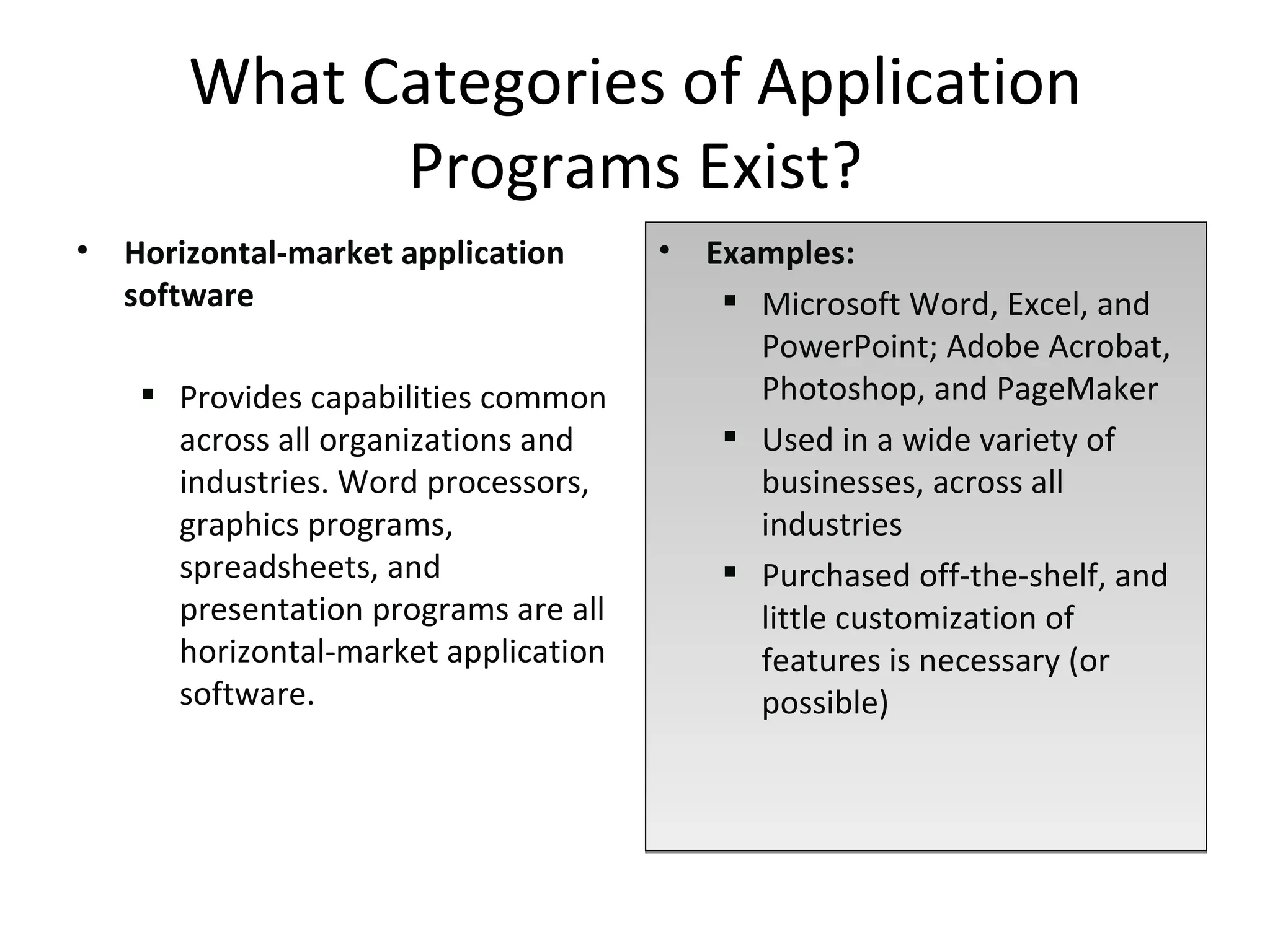 What Categories of Application Programs Exist? Horizontal-market application software  Provides capabilities common across all organizations and industries. Word processors, graphics programs, spreadsheets, and presentation programs are all horizontal-market application software. Examples: Microsoft Word, Excel, and PowerPoint; Adobe Acrobat, Photoshop, and PageMaker Used in a wide variety of businesses, across all industries Purchased off-the-shelf, and little customization of features is necessary (or possible) 