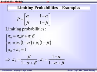 17
Assoc. Prof. Ho Thanh Phong
Probability Models
International University – Dept. of ISE
Limiting Probabilities – Examples











1
1
P
   


p


p
pp
ppp
ppp













1
1
;
1
1
11
:iesprobabilitLimiting
10
10
101
100
 