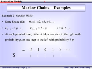 6
Assoc. Prof. Ho Thanh Phong
Probability Models
International University – Dept. of ISE
Markov Chains - Examples
Example 3: Random Walks
• State Space (S): 0, ±1, ±2, ±3, ±4,….
• Pi, i + 1 = p ; Pi, i - 1 = 1 – p i = 0, 1, …
• At each point of time, either it takes one step to the right with
probability p, or one step to the left with probability 1-p.
S
-2 -1 0 1 2 ……
 