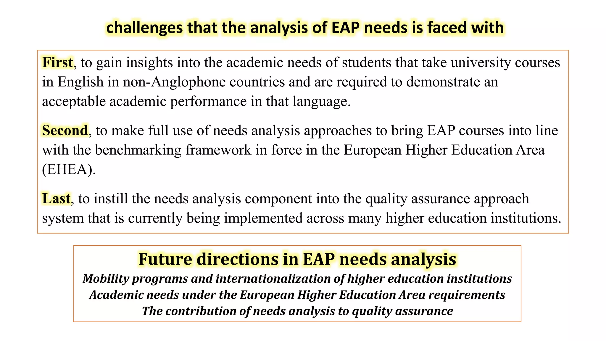 First, to gain insights into the academic needs of students that take university courses
in English in non-Anglophone countries and are required to demonstrate an
acceptable academic performance in that language.
Second, to make full use of needs analysis approaches to bring EAP courses into line
with the benchmarking framework in force in the European Higher Education Area
(EHEA).
Last, to instill the needs analysis component into the quality assurance approach
system that is currently being implemented across many higher education institutions.
challenges that the analysis of EAP needs is faced with
Future directions in EAP needs analysis
Mobility programs and internationalization of higher education institutions
Academic needs under the European Higher Education Area requirements
The contribution of needs analysis to quality assurance
 