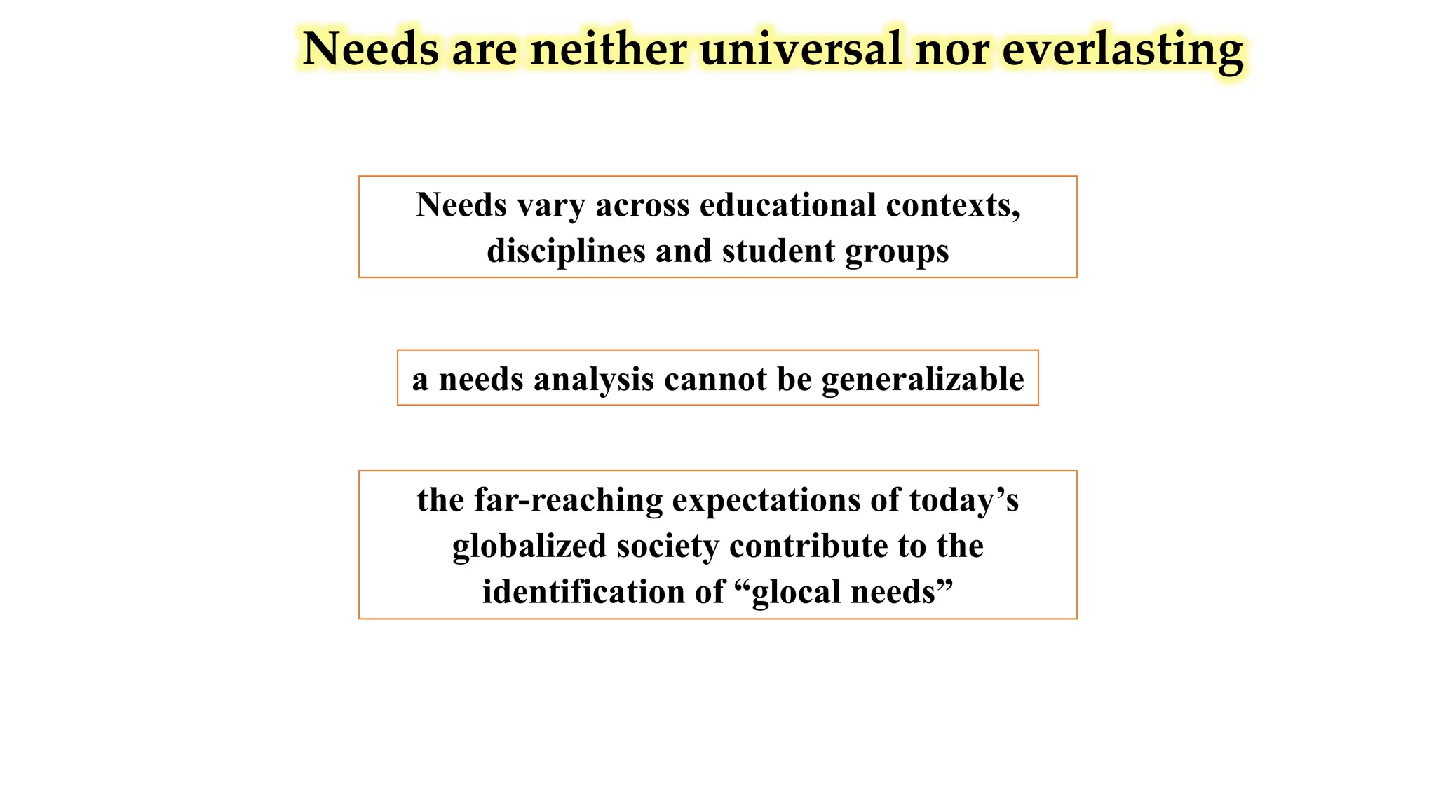 Needs are neither universal nor everlasting
Needs vary across educational contexts,
disciplines and student groups
the far-reaching expectations of today’s
globalized society contribute to the
identification of “glocal needs”
a needs analysis cannot be generalizable
 