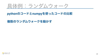 具体例：ランダムウォーク 
pythonのコードとnumpyを使ったコードの比較 
複数のランダムウォークを動かす 
29 
 