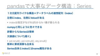 pandasで大事なデータ構造：Series 
１次元配列ライクな構造＋データラベルの連想配列（index） 
左側にindex，右側にValueがある 
• indexは指定がなければ0からN-1番が振られる 
numpyと同じように色々できる 
辞書からもSeriesは簡単 
欠損値について(軽く) 
• pd.isnull(), pd.notnull(), obj.isnull() 
簡単に算術演算も出来る 
Series自体とindexにはname属性がある 
32 
 